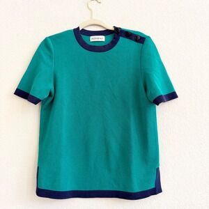Yves Saint Laurent Vintage Knit Top Green Navy Blue Shoulder Button Short Sleeve